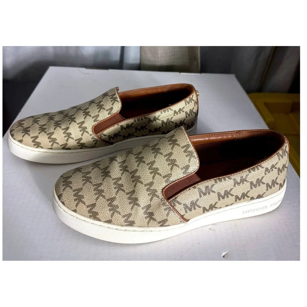 Michael Kors Womens MK Signature Logo Slip On Sneakers Tan Brown Sz 9